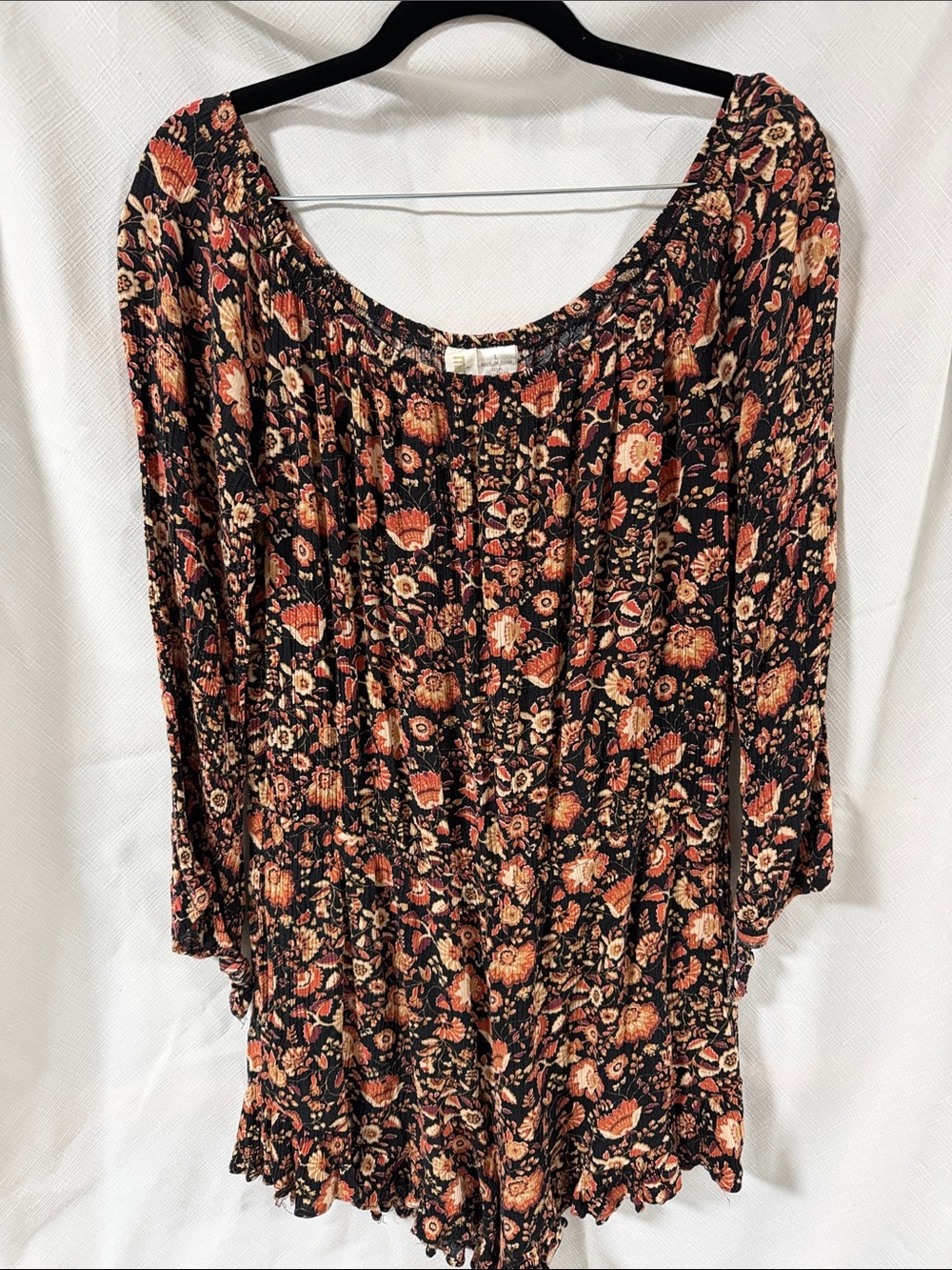 Black Floral Boho Romper with Rust and Cream Flowers